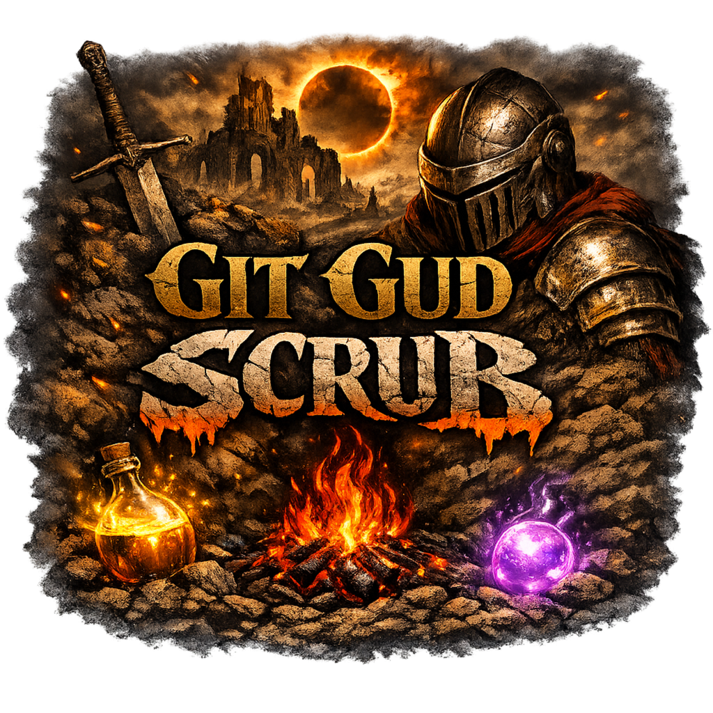 Git-Gud Scrub T‑Shirt | Souls‑Like Dark Fantasy Graphic Tee