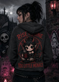 Person facing away in gothic alley wearing dark hoodie, standing amid moonlit bricks, red lantern glow, graffiti and eerie décor
