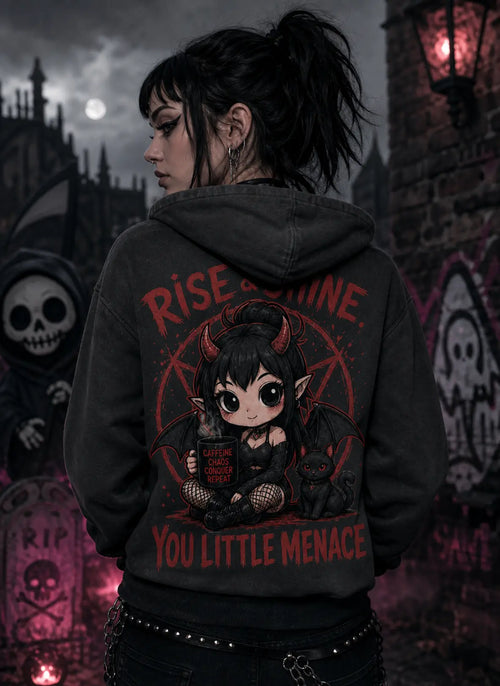 Person facing away in gothic alley wearing dark hoodie, standing amid moonlit bricks, red lantern glow, graffiti and eerie décor