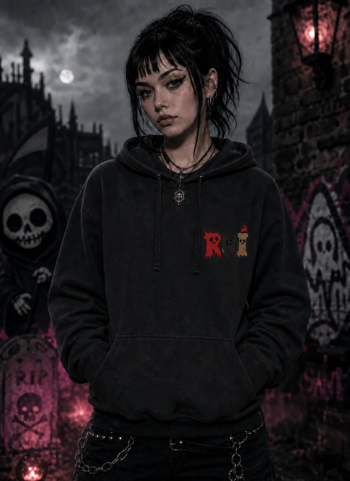 Person in gothic graveyard scene wearing black hoodie with dripping RWI design, standing amid moonlight, graffiti and red lantern glow