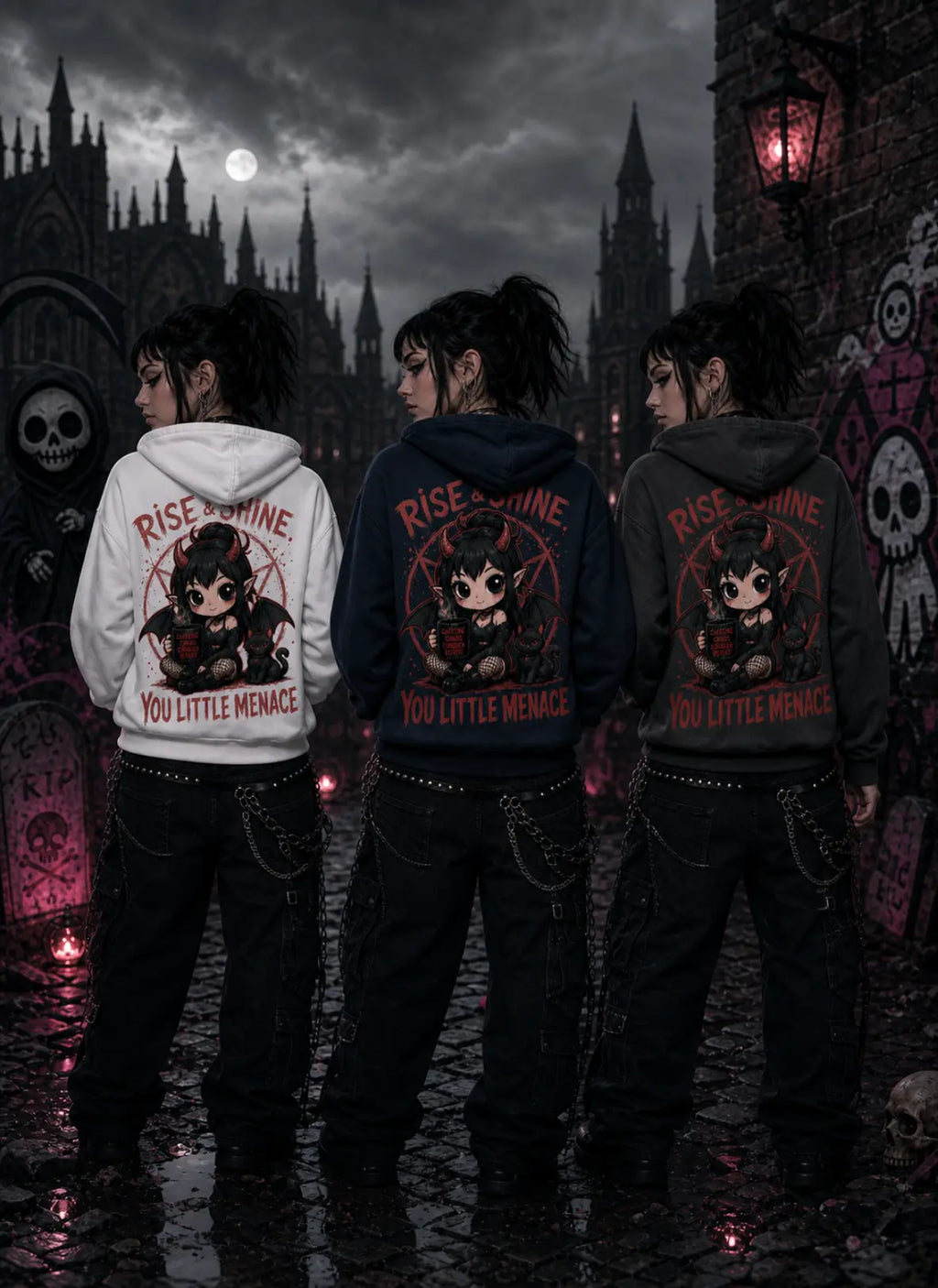 Three people in gothic cathedral scene wearing chibi horror hoodies, standing amid moonlight, tombstones, skulls and purple glow