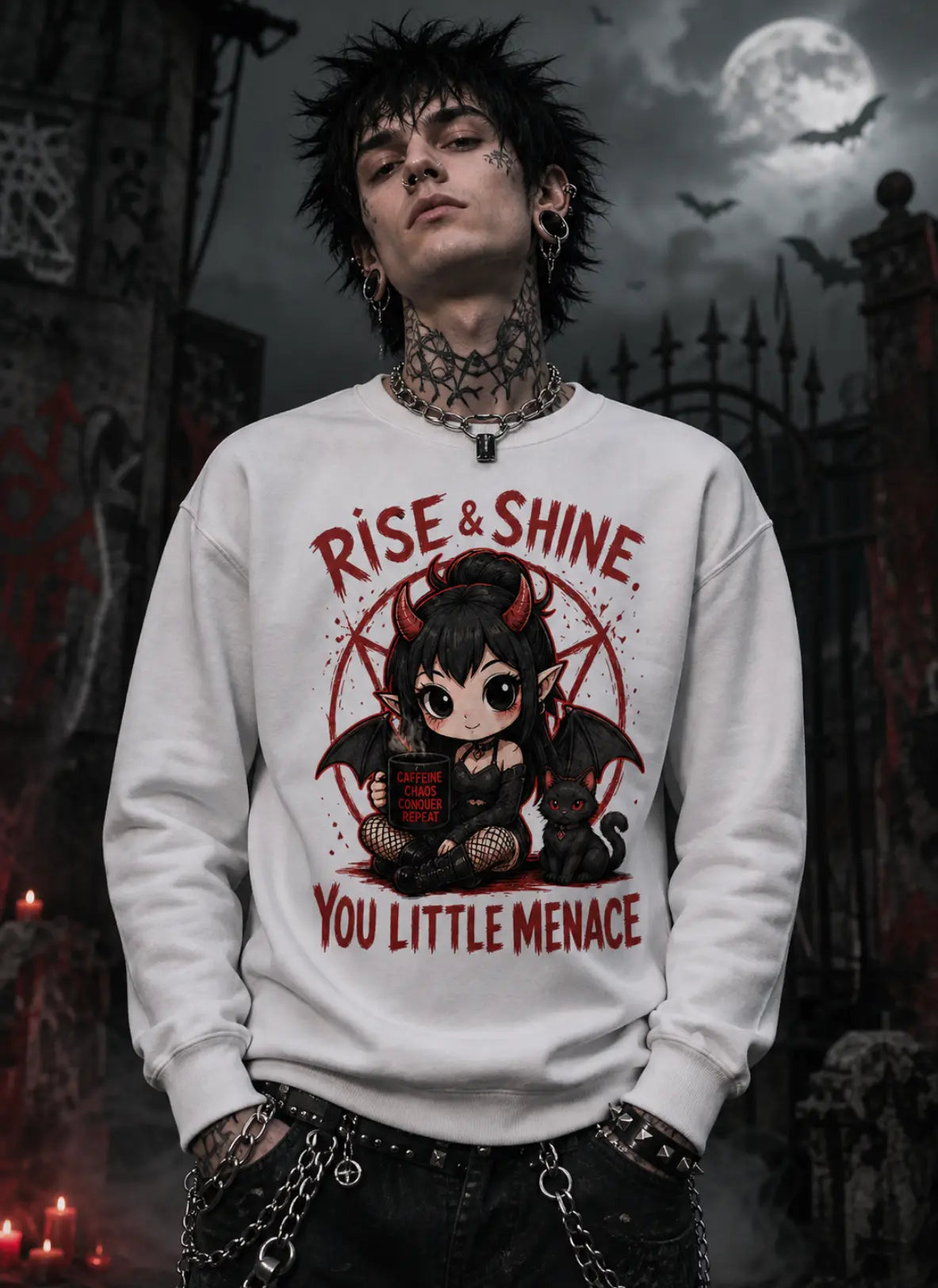 Person in gothic scene wearing chibi horror sweatshirt, standing before moonlit gates with bats and eerie atmospheric lighting