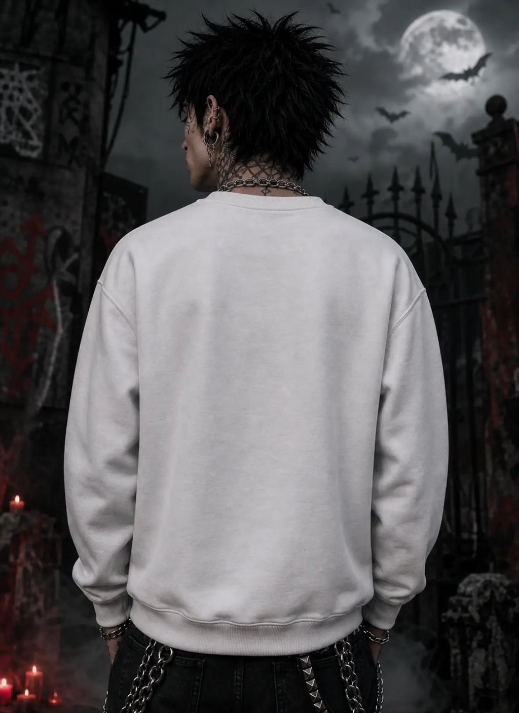 Person facing away in gothic scene wearing light sweatshirt, standing before moonlit gates, red candles, graffiti stone and bats