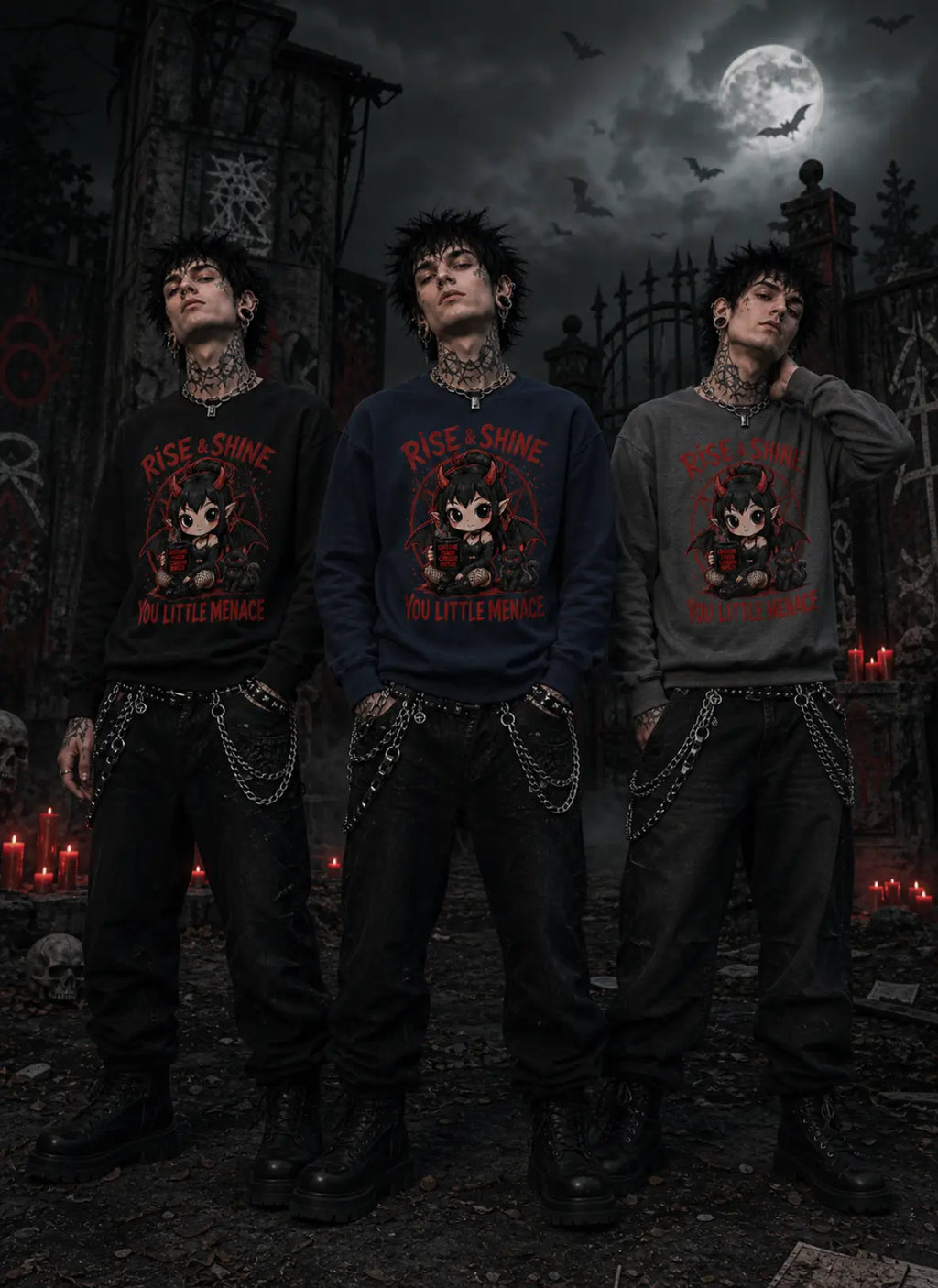 Three people in gothic scene wearing chibi horror sweatshirts, standing before moonlit gates, red candles, skulls and bats