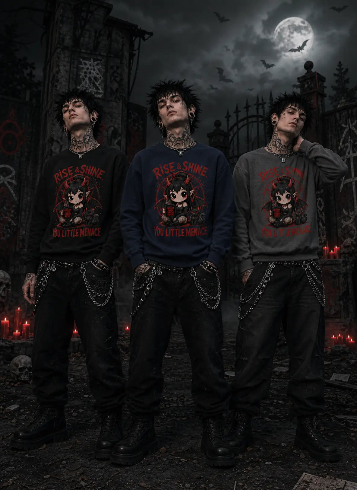 Three people in gothic scene wearing chibi horror sweatshirts, standing before moonlit gates, red candles, skulls and bats