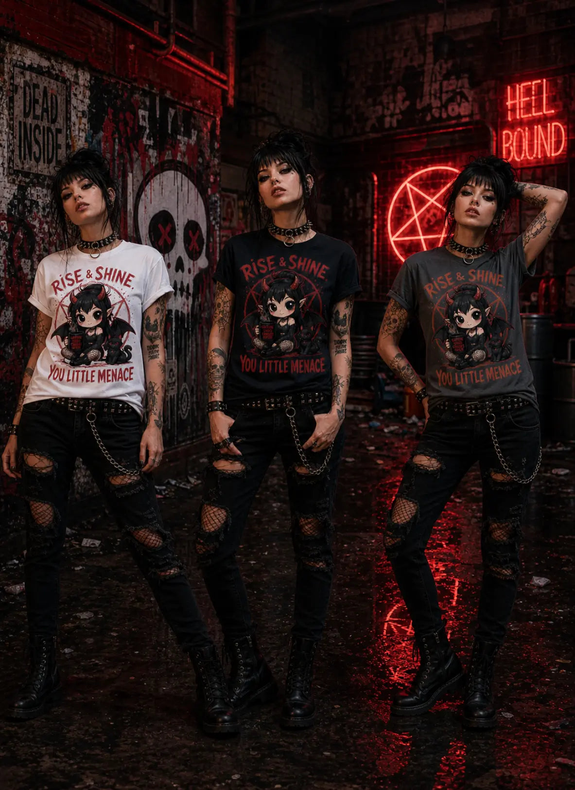 Three people in grungy alley wearing chibi horror tees, standing amid red neon signs, graffiti skull art and dark punk décor