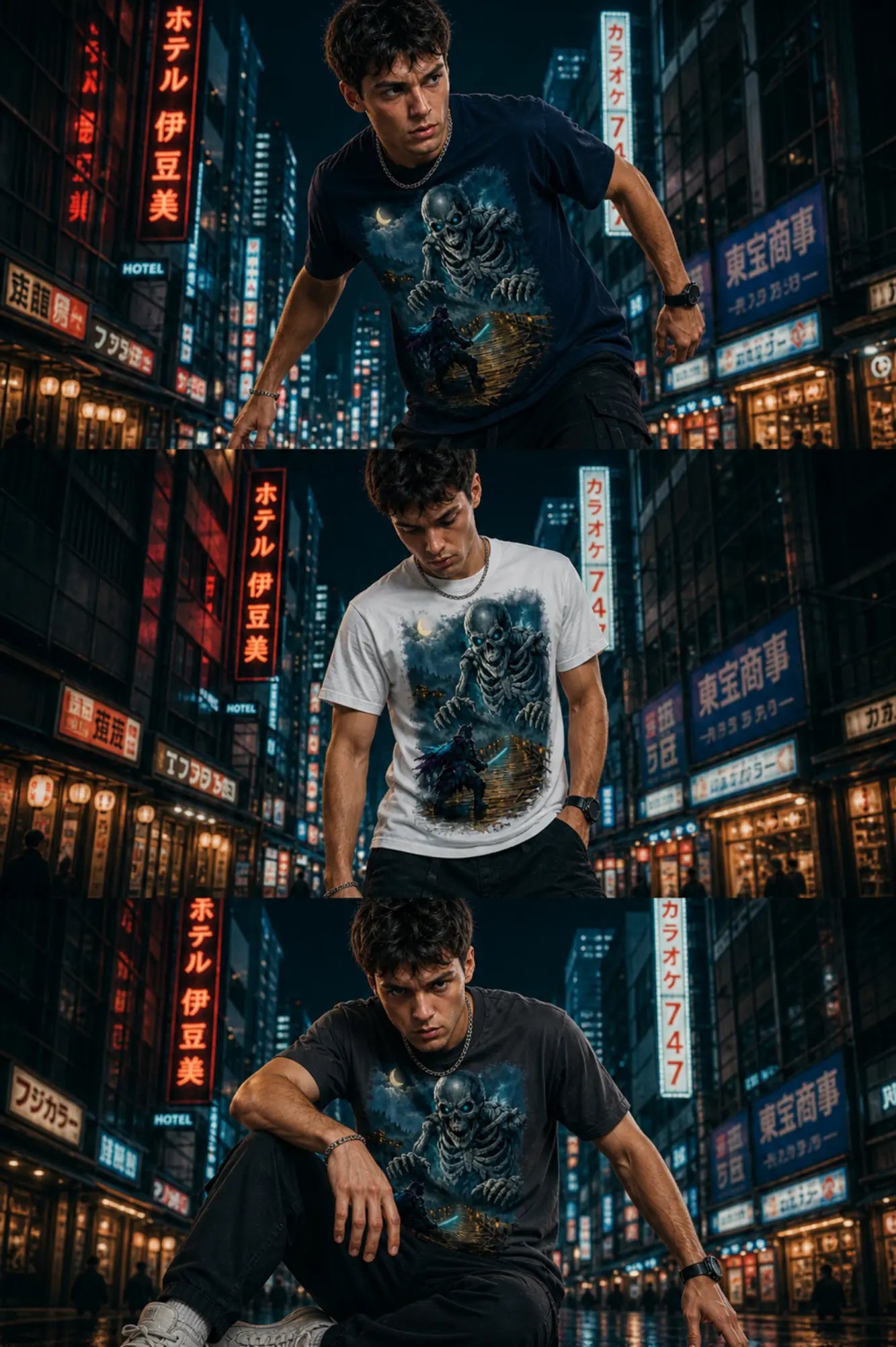 Three‑panel collage of a person wearing the Guardian of the Bridge dark samurai yokai tee in a neon‑lit Japanese city street at night