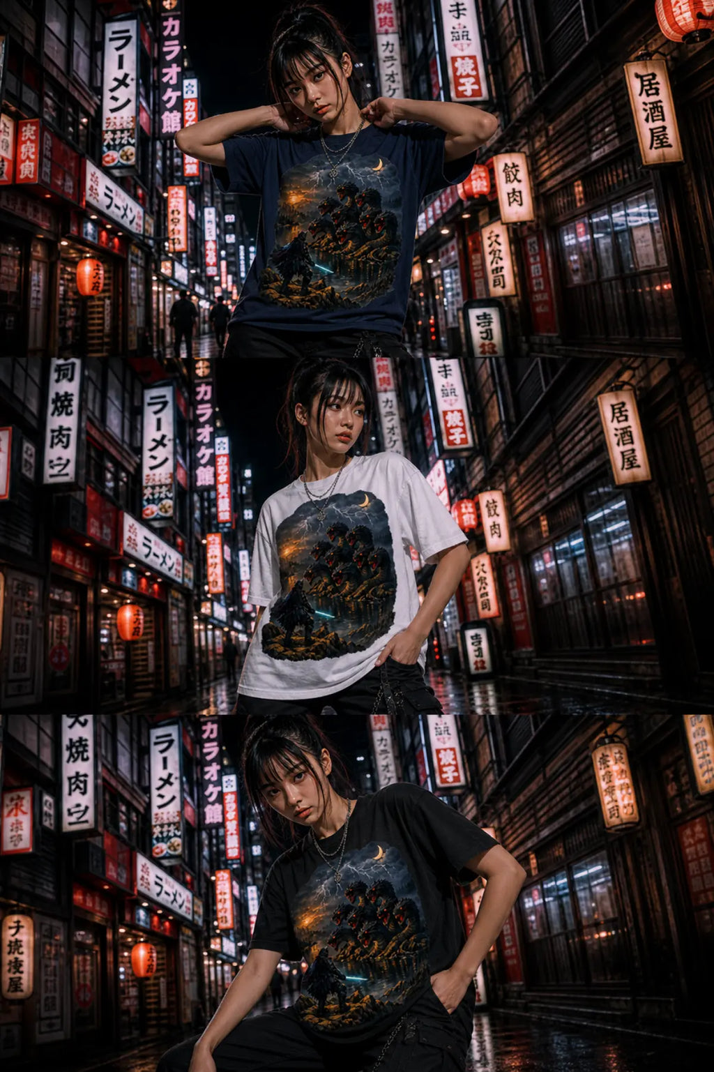 Three‑panel collage of a person wearing a ronin fantasy battle tee in a neon‑lit Japanese alley with glowing signs and wet reflections.