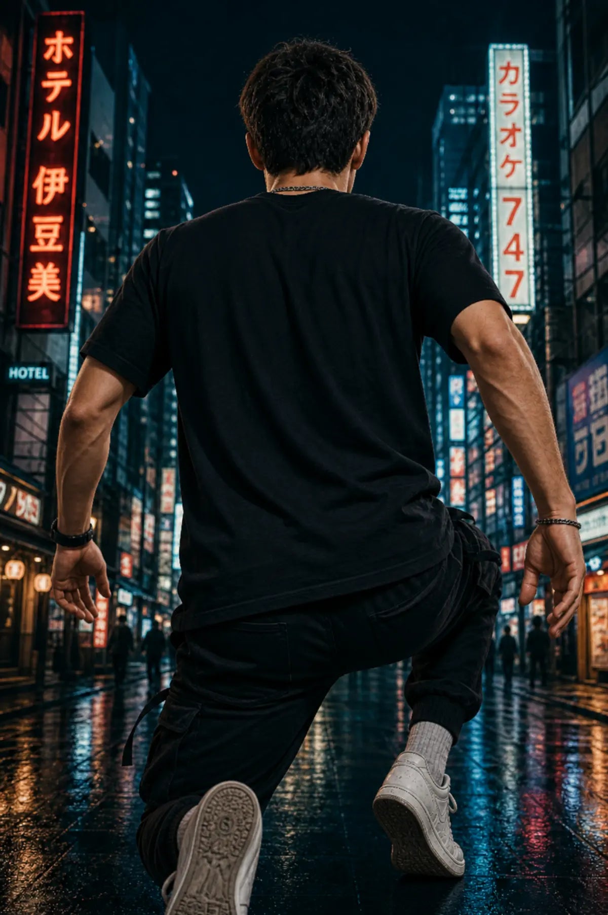 A man seen from behind wearing a black T‑shirt and black cargo pants running through a wet neon‑lit city street at night.