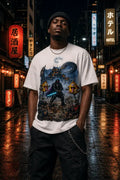 A person wearing a T‑shirt with a fantasy graphic design stands in a neon‑lit wet city street surrounded by glowing signs.