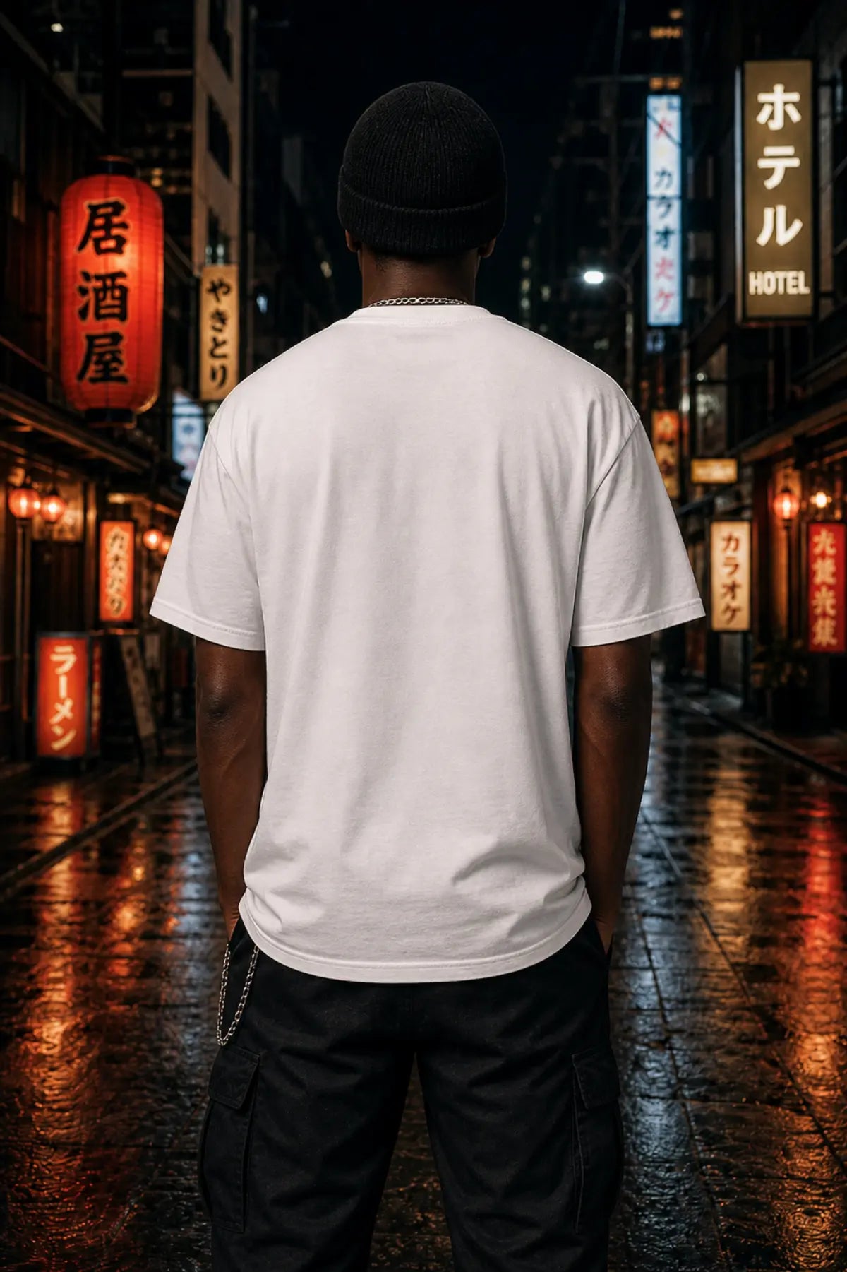 A man seen from behind in a white T‑shirt, black cargo pants and a beanie on a wet neon‑lit Japanese street at night.
