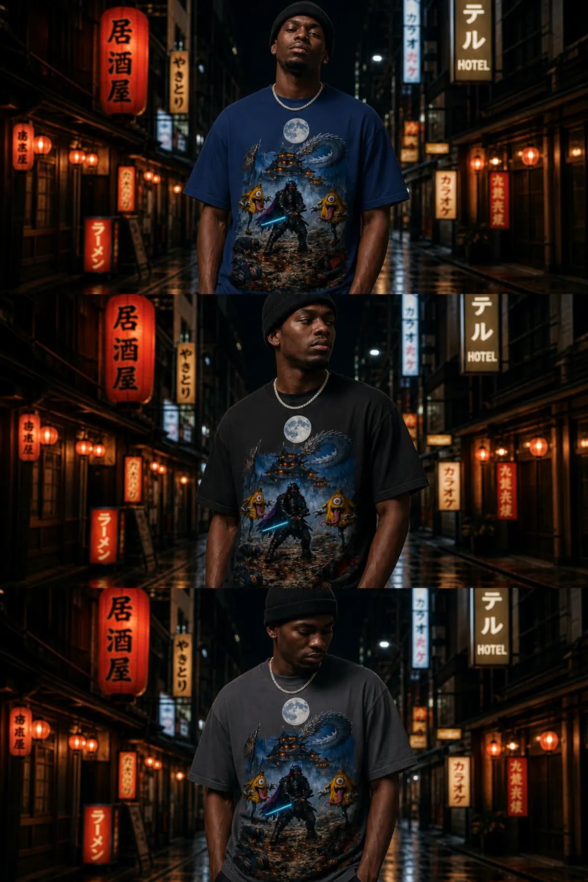 Three stacked photos of a man wearing navy, black and gray fantasy graphic T‑shirts in a neon‑lit Japanese street at night.