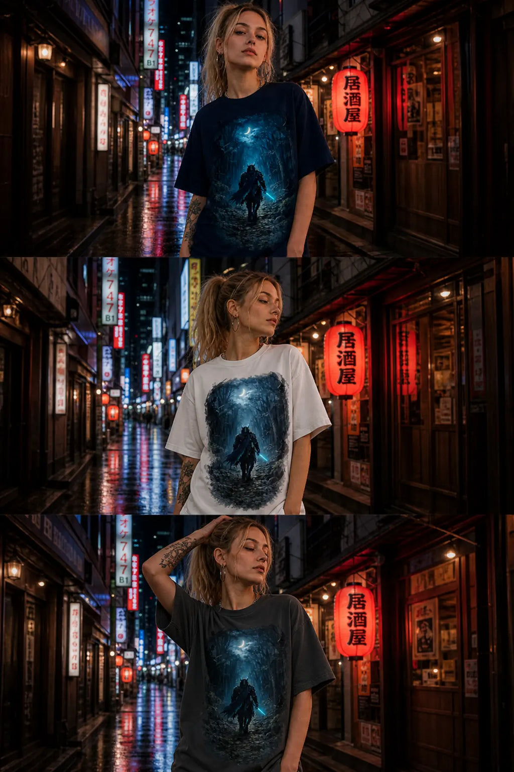A three‑panel collage of a woman modeling an oversized graphic T‑shirt in varied colors in a neon‑lit night alley.