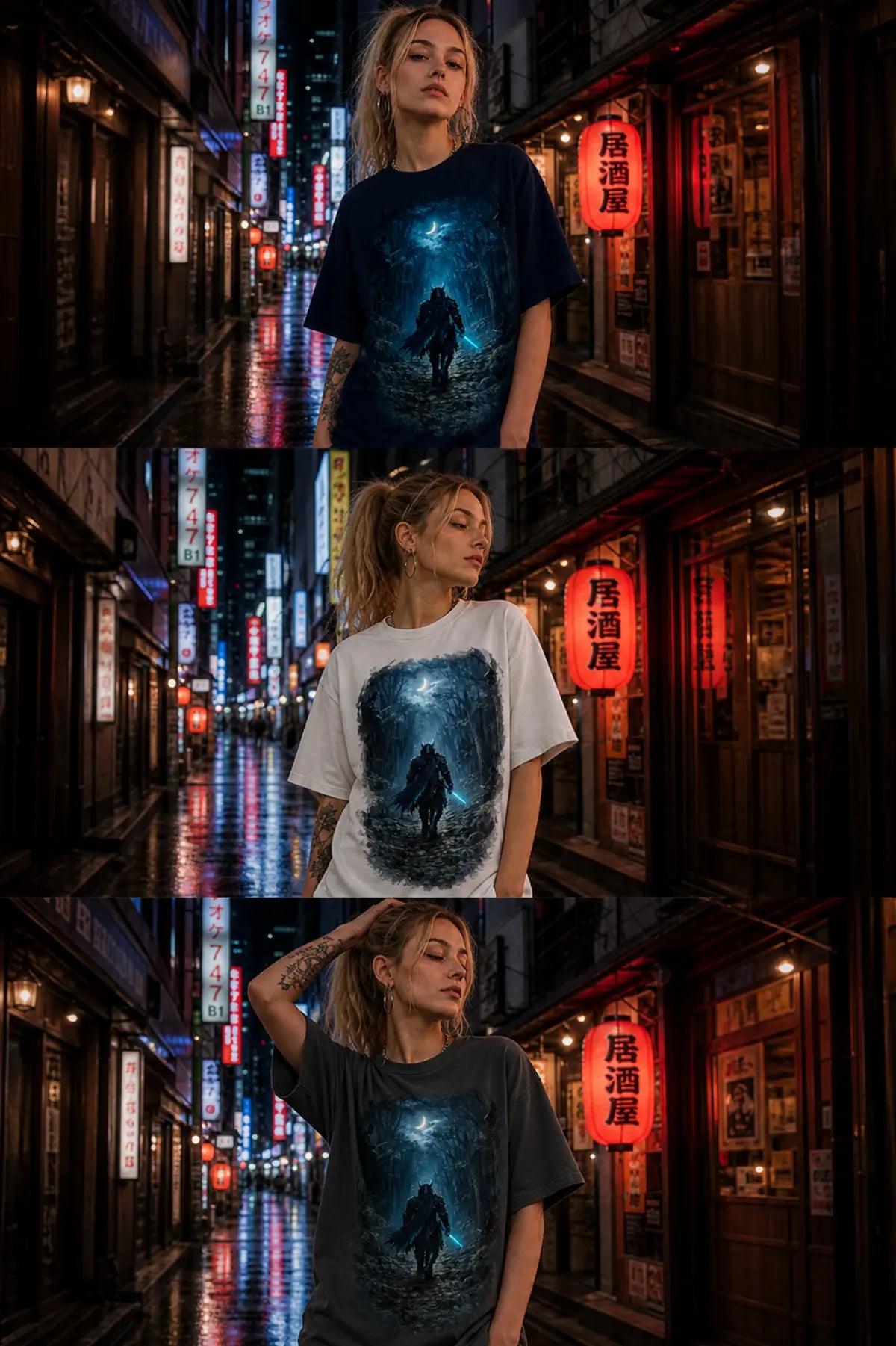 A three‑panel collage of a woman modeling an oversized graphic T‑shirt in varied colors in a neon‑lit night alley.
