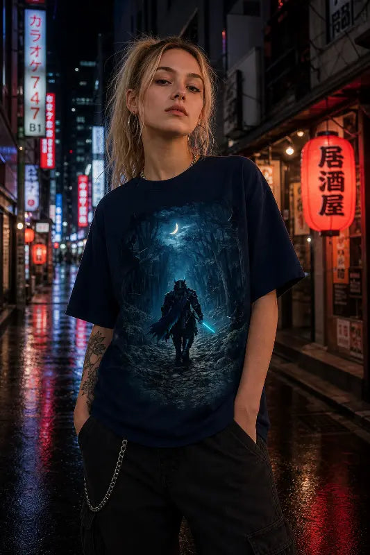A woman stands on a wet neon‑lit city street wearing a dark navy graphic T‑shirt with a blue‑black fantasy character print and black pants.