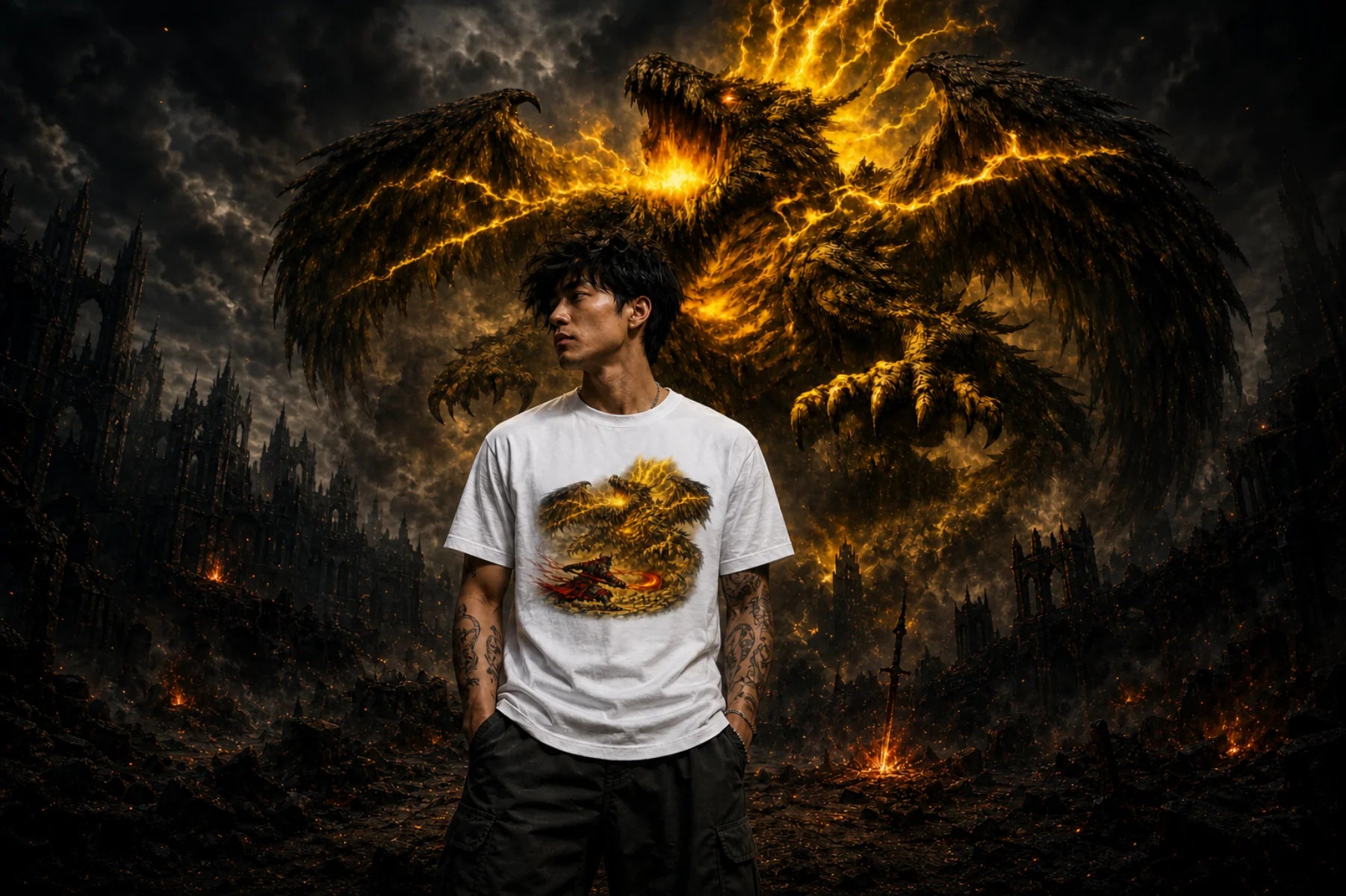 Person in fiery ruins before a massive molten winged creature, wearing a white tee printed with the same blazing creature