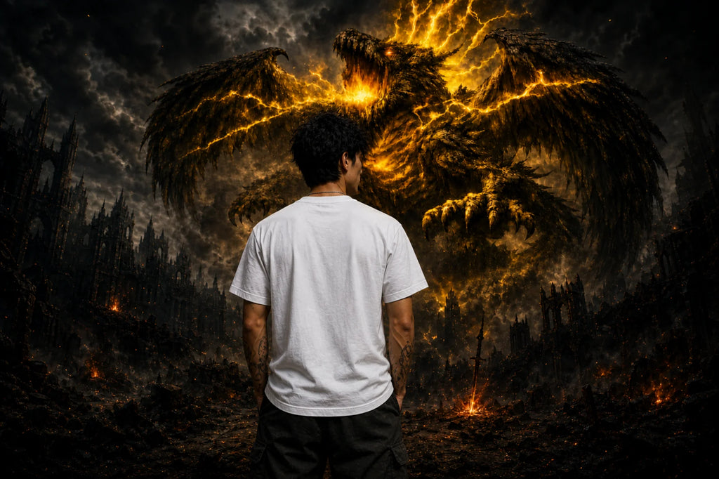 Person facing a colossal molten dragon in fiery ruins, wearing a white tee as embers and lava glow across the apocalyptic scene