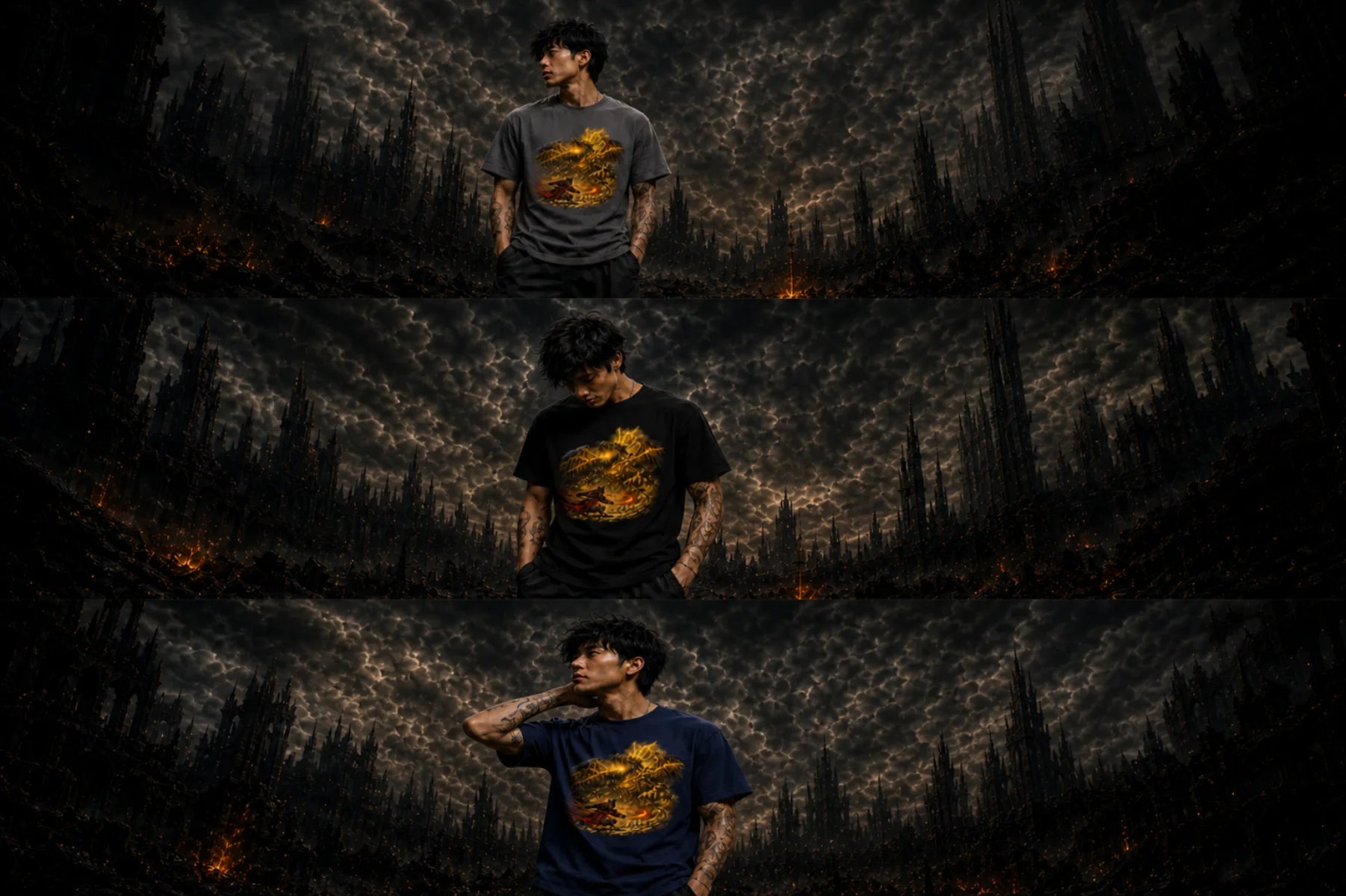 Three stacked shots of the same model in a stormy cityscape wearing gray, black, and navy tees with a golden dragon graphic