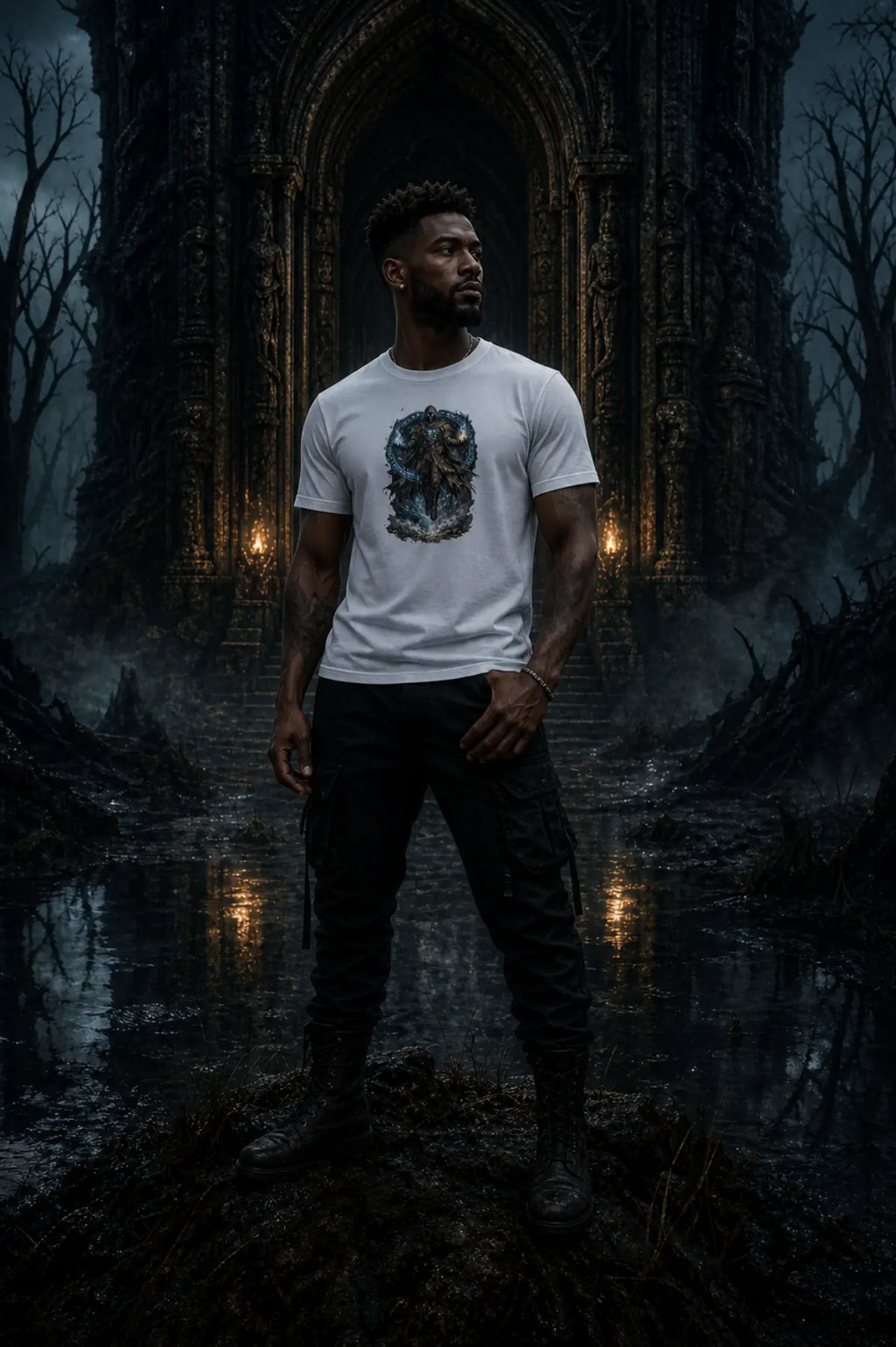 Person in white graphic T‑shirt standing before illuminated gothic archway in misty dark forest with wet reflective ground
