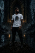 Person in white graphic T‑shirt standing before illuminated gothic archway in misty dark forest with wet reflective ground