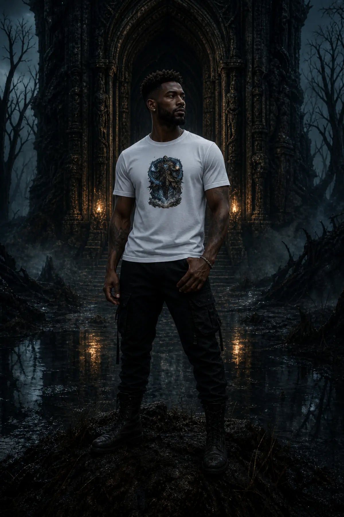 Person in white graphic T‑shirt standing before illuminated gothic archway in misty dark forest with wet reflective ground