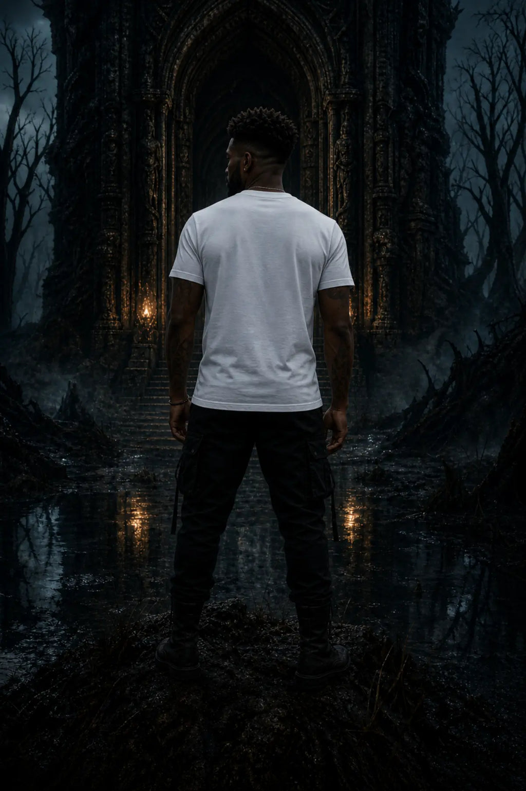 Man seen from behind in dark moody gothic courtyard wearing plain white crew‑neck T‑shirt and dark cargo pants at night