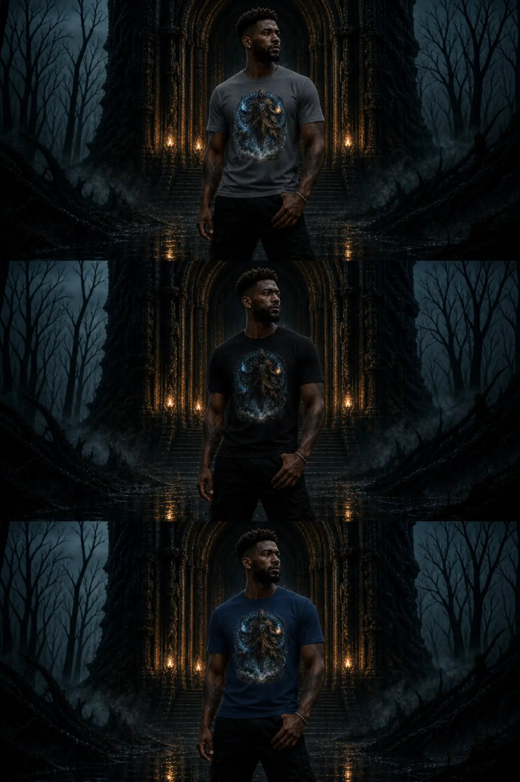 Three stacked shots showing gray, black, and navy fantasy‑graphic shirts worn before a lit gothic arch in a misty night scene