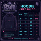A cosmic‑themed hoodie size guide by Rift Walkers Inc. showing width, length, and sleeve measurements on a starry background.