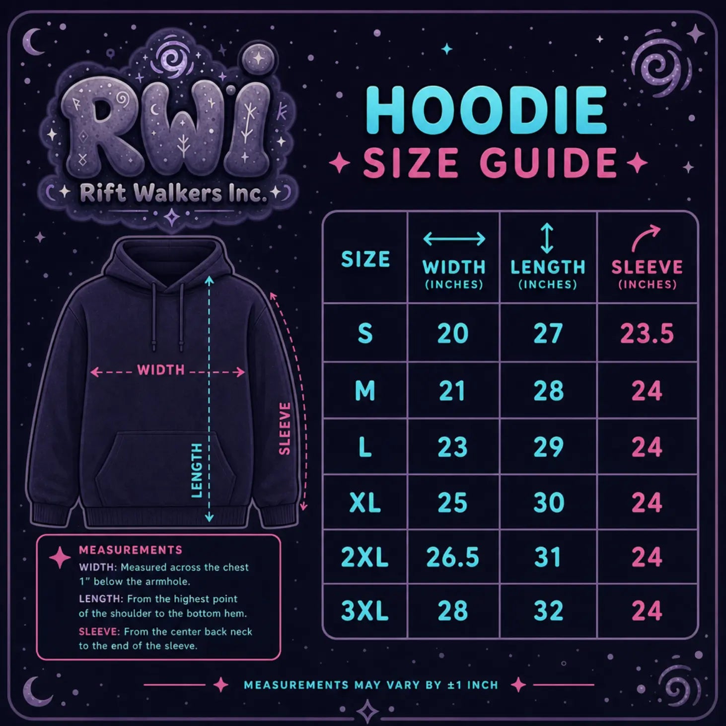 A cosmic‑themed hoodie size guide by Rift Walkers Inc. showing width, length, and sleeve measurements on a starry background.