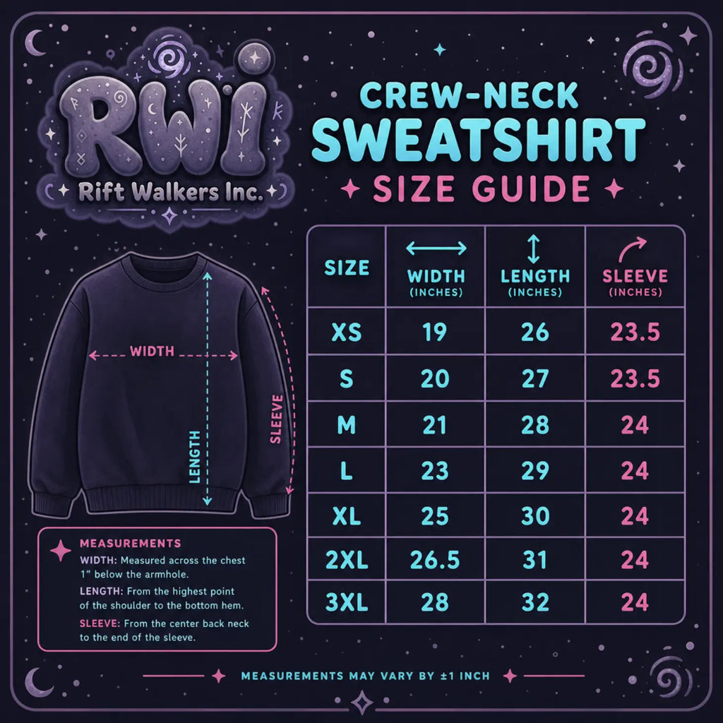 A cosmic‑themed crew‑neck sweatshirt size guide by Rift Walkers Inc. showing width, length, and sleeve measurements.