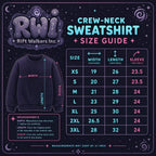 A cosmic‑themed crew‑neck sweatshirt size guide by Rift Walkers Inc. showing width, length, and sleeve measurements.