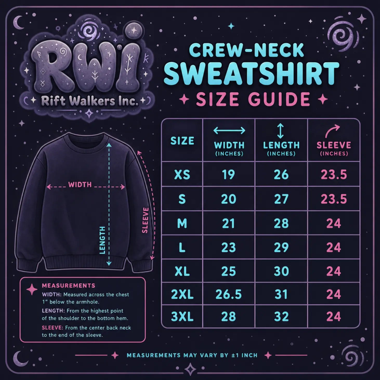 A cosmic‑themed crew‑neck sweatshirt size guide by Rift Walkers Inc. showing width, length, and sleeve measurements.