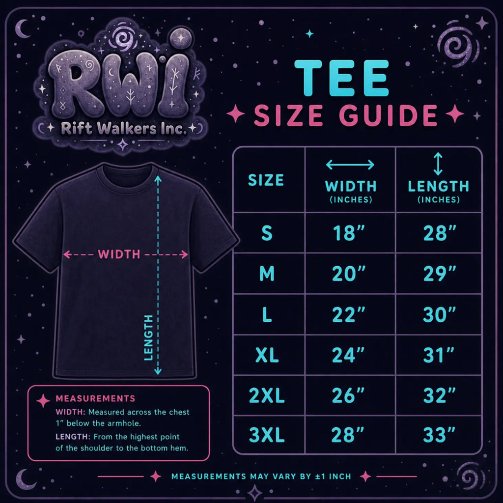 A cosmic‑themed T‑shirt size guide by Rift Walkers Inc. showing width and length measurements on a dark starry background.