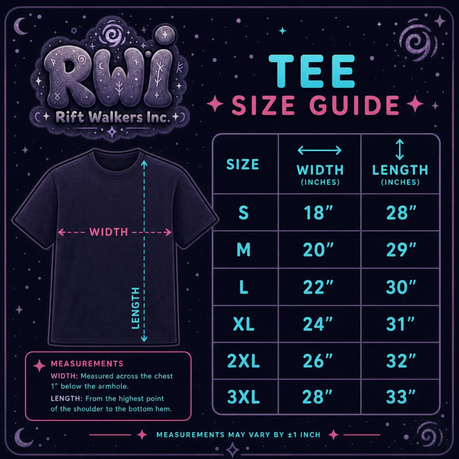 A cosmic‑themed T‑shirt size guide by Rift Walkers Inc. showing width and length measurements on a dark starry background.