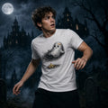 Person wearing a funny ghost slipping tee standing in a moonlit gothic graveyard with castle towers, iron gate and eerie night atmosphere