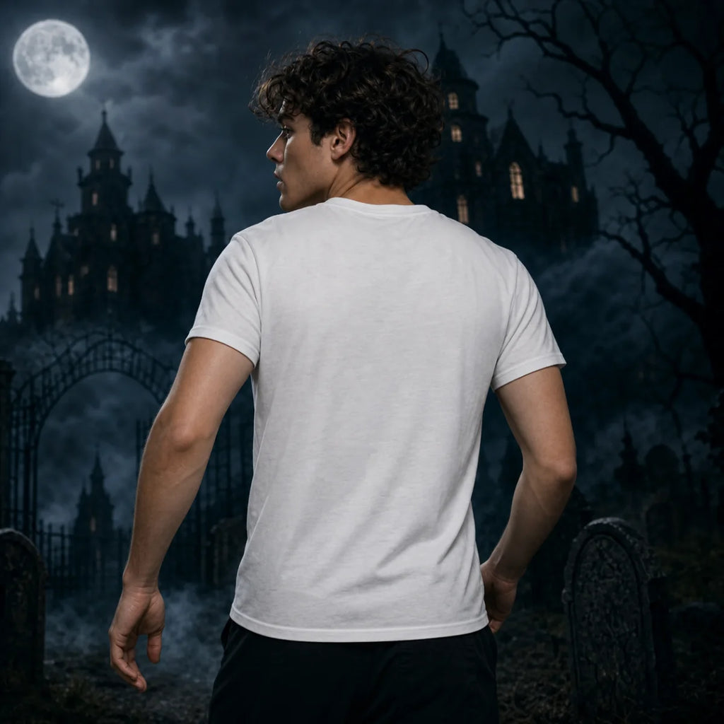 A man in a plain white T‑shirt stands with his back to a dark spooky graveyard at night with a haunted castle and full moon.