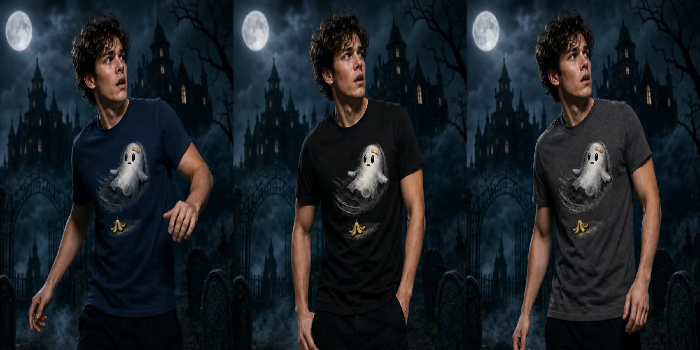 Three‑panel collage of a person wearing a funny ghost slipping tee in a moonlit gothic castle scene with iron gates and eerie night atmosphere