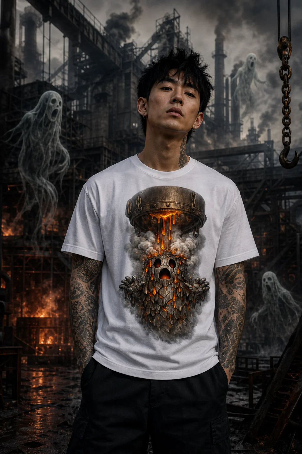 Tattooed person in a smoky industrial scene with ghosts, wearing a white tee featuring a molten ghost‑creature graphic