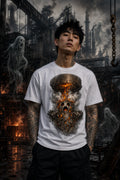 Tattooed person in a smoky industrial scene with ghosts, wearing a white tee featuring a molten ghost‑creature graphic