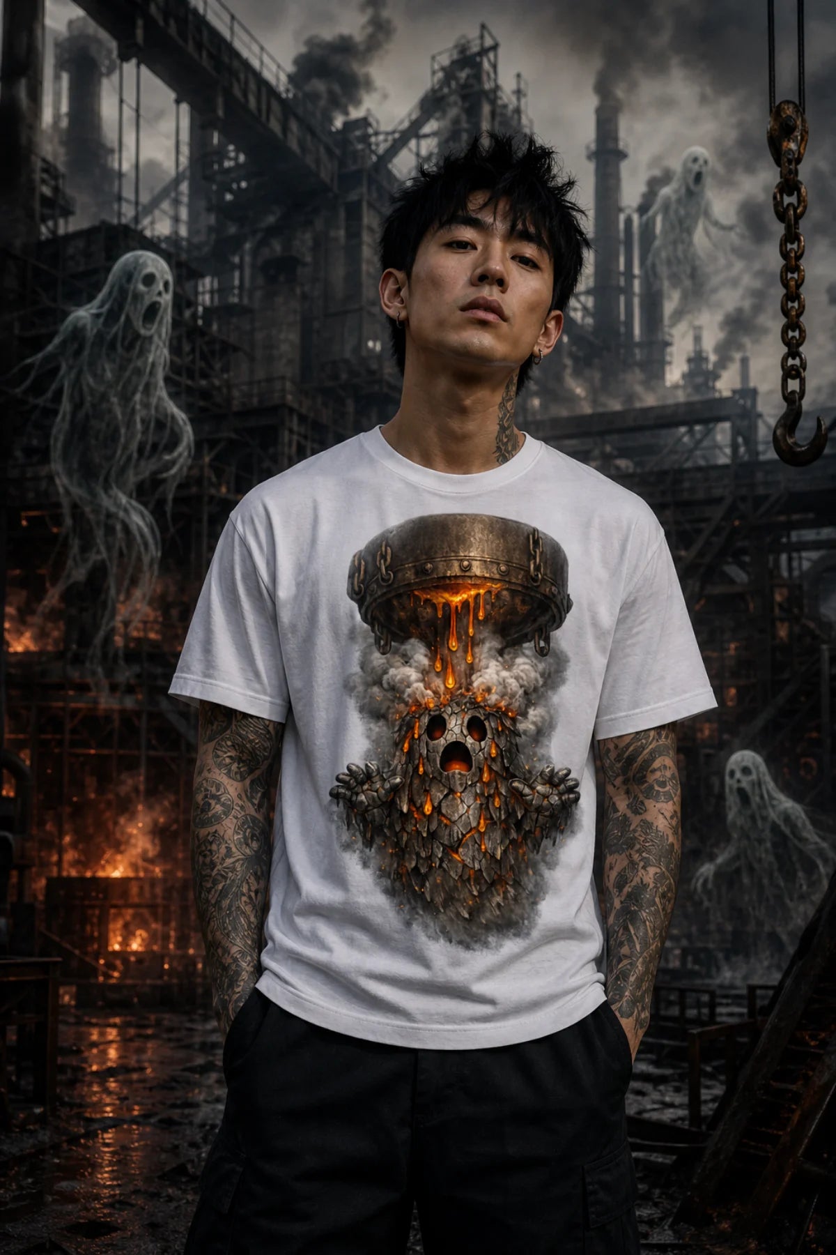 Tattooed person in a smoky industrial scene with ghosts, wearing a white tee featuring a molten ghost‑creature graphic