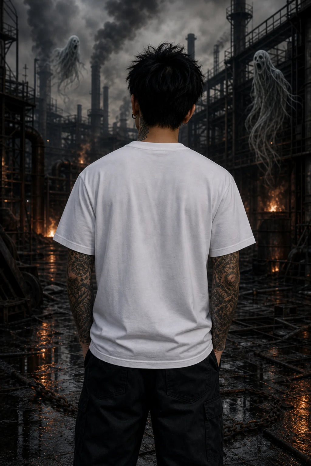 Tattooed person in a smoky industrial yard with two floating ghosts, standing in wet reflective ground wearing a white tee