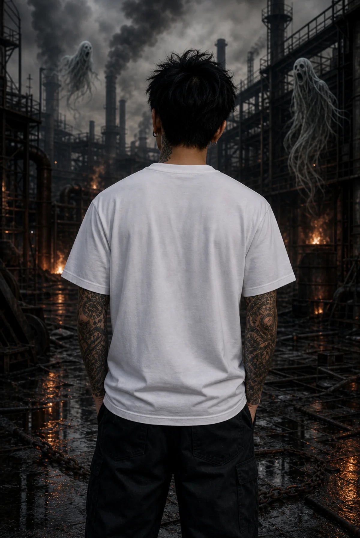 Tattooed person in a smoky industrial yard with two floating ghosts, standing in wet reflective ground wearing a white tee