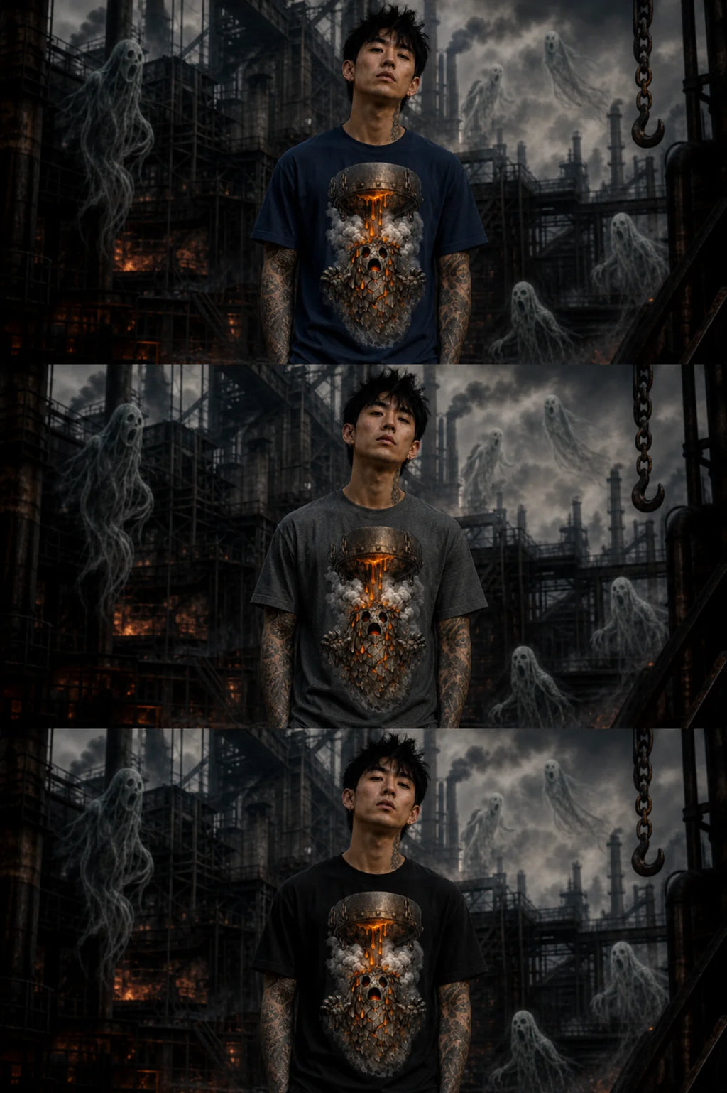 Three stacked shots of the same model in a smoky industrial scene, wearing a molten ghost graphic tee design
