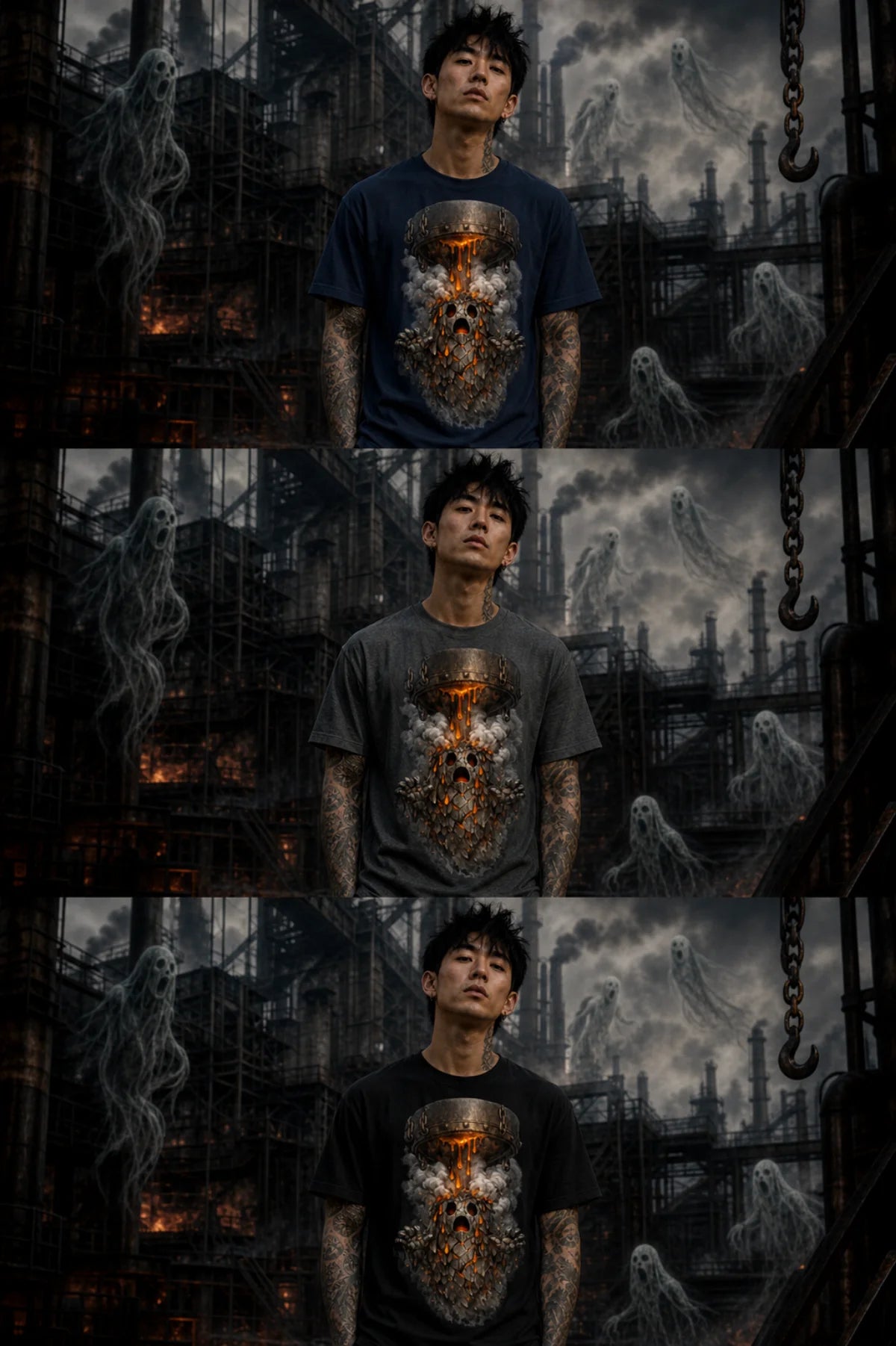 Three stacked shots of the same model in a smoky industrial scene, wearing a molten ghost graphic tee design