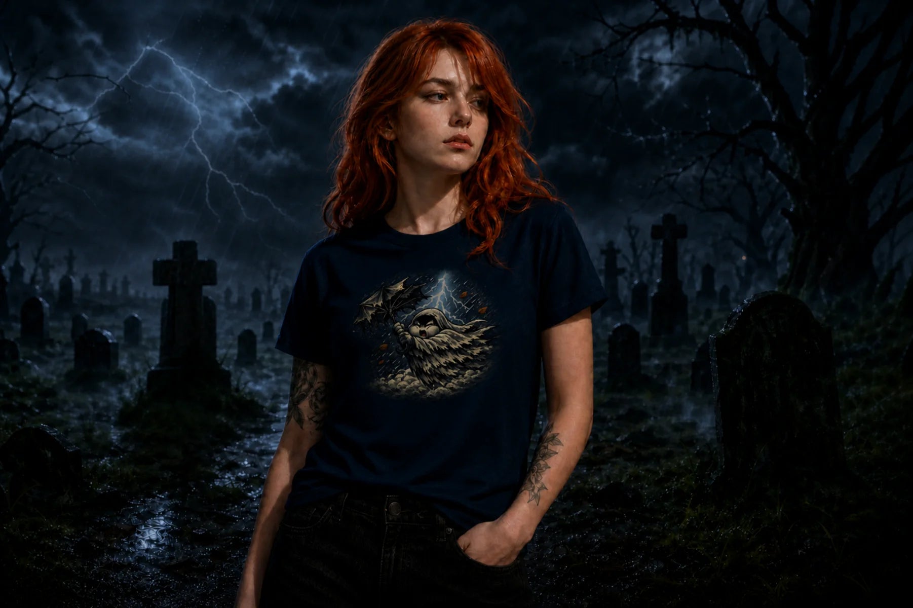 A red‑haired woman stands in a dark, stormy graveyard wearing a black T‑shirt featuring a small white ghost caught in the wind.