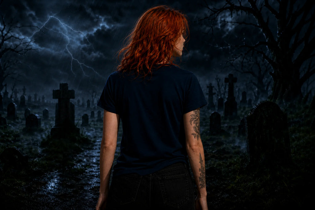 A red‑haired person seen from behind stands in a spooky graveyard at night wearing a navy shirt under a stormy sky with lightning.
