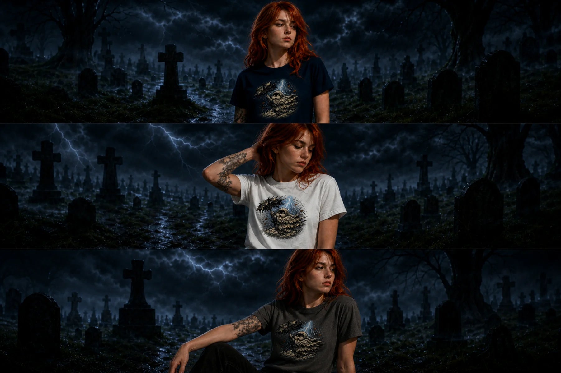 Three stacked panels show a red‑haired woman in a stormy graveyard wearing navy, white, and gray graphic T‑shirts.
