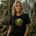 Person in black tee stands before ancient vine‑covered stone ruins with large skeletal remains and distant waterfall