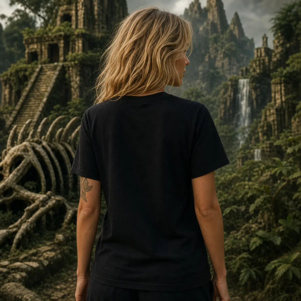 Person with long blond hair in black tee faces ancient jungle ruins with massive rib bones and waterfall in distance