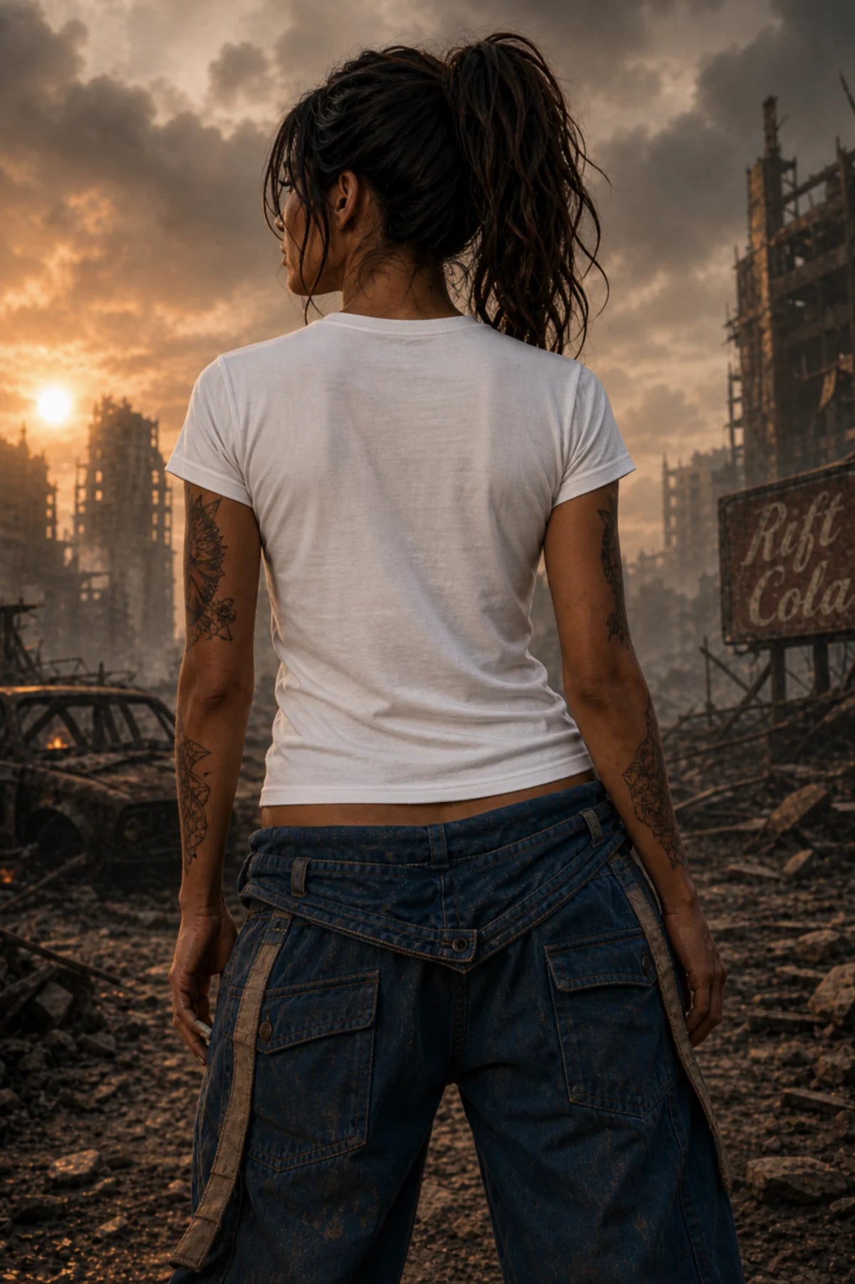 Woman seen from behind in a white tee and blue cargo pants standing in a ruined city at sunset with warm light on the debris
